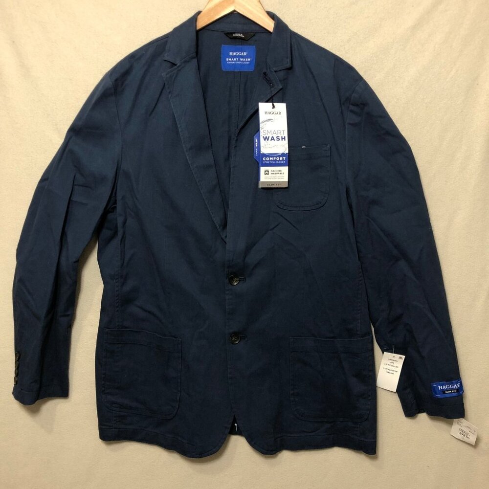 Haggar Jacket Mens L Slim Fit Smart Wash Comfort Stretch Navy Machine Wash NEW